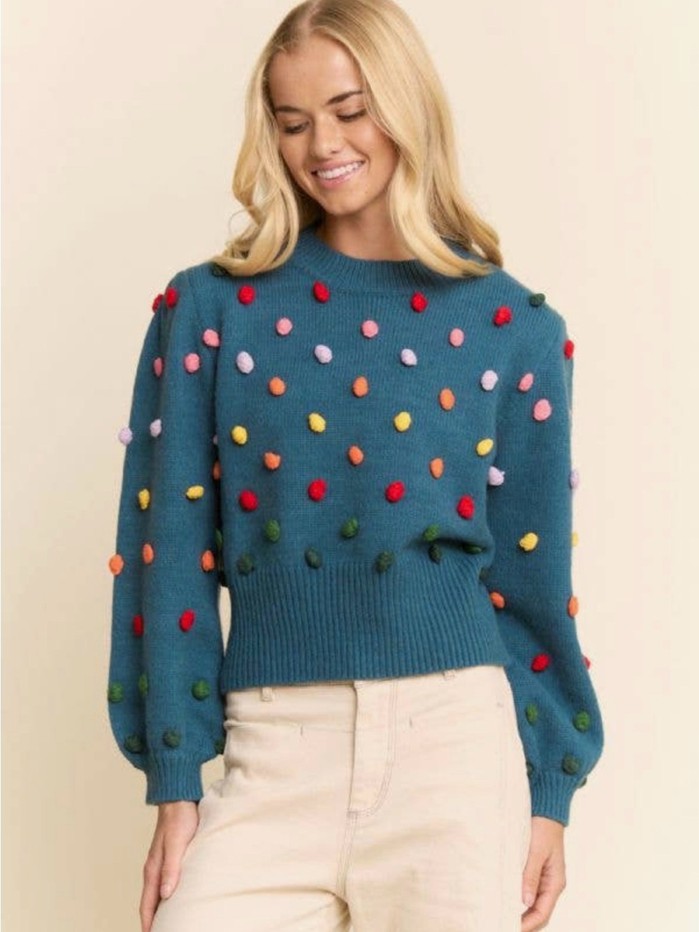 DAVI & DANI Teal Crewneck Sweater with Multicolor Pom-Poms